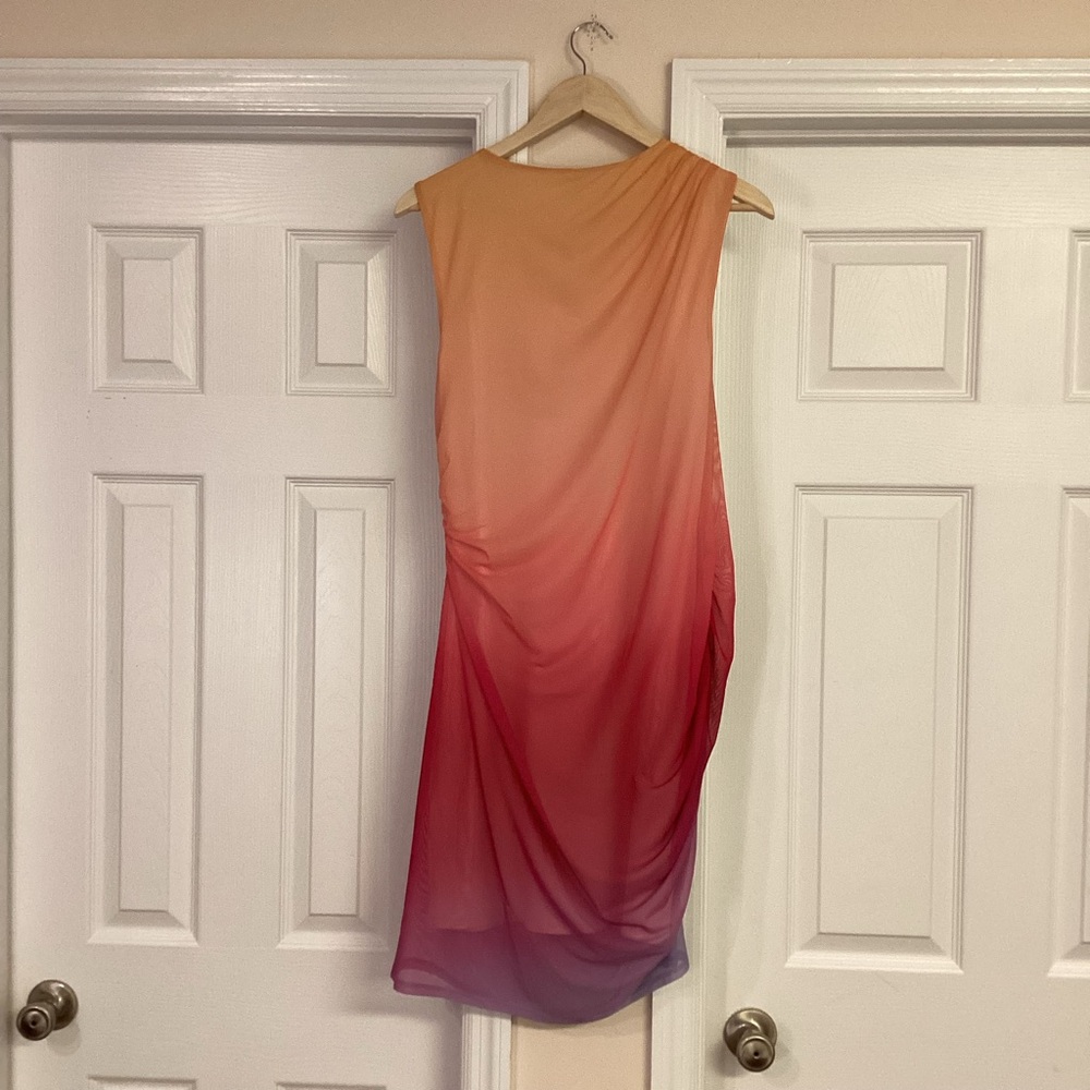 Express Ombré Mesh High Neck Sleeveless Ruched Sheath Dress - Picture 7 of 11